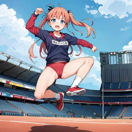 <lora:vjump-000006:0.7>:vjump,jumping, cloud sky,stadium1girl,gym uniform, 