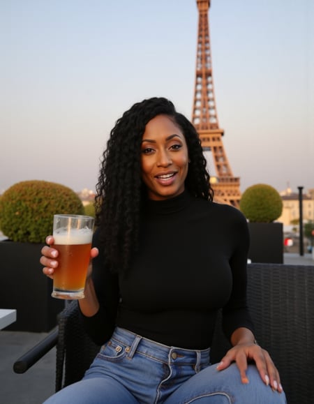 She wears a black turtleneck and jeans. She holds a beer at a paris café terrasse. Sunset. Effeil tower in the background...
