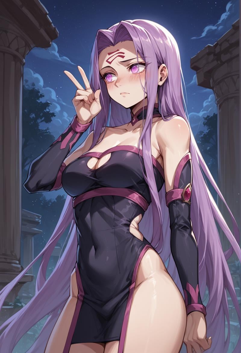 1girl, purple hair, absurdly long hair, forehead mark, purple eyes, choker, bodysuit, clothing cutout, detached sleeves, standing, v, blushing, looking to the side, hand on hair, outdoors, greek temple, night, night sky, glowing eyes, cowboy shot <lora:Meduseless:1>, score_9, score_8_up, score_7_up, score_6_up, score_5_up, score_4_up, (m-da s-tarou:0), masterpiece