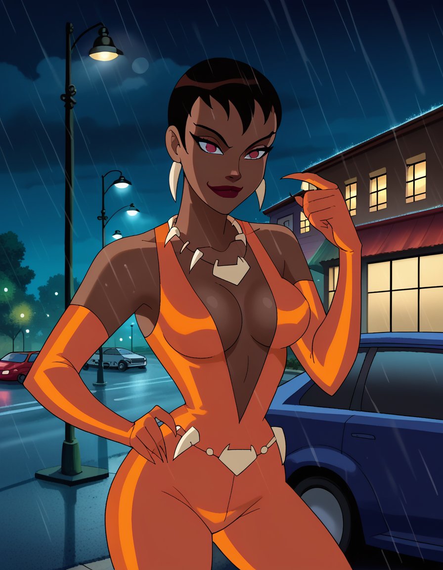 score_8_up, score_7_up, dcaustyle, 1girl, vixen, dark skin, pixie cut, orange bodysuit, plunging neckline, cleavage, large breasts, elbow gloves, tooth necklace, tooth belt, pendant, earrings night, rain, street, car, lens flare, cloudy, dark, street lamp, backlighting, fighting, hand up, claw, smirk, wet, flat color