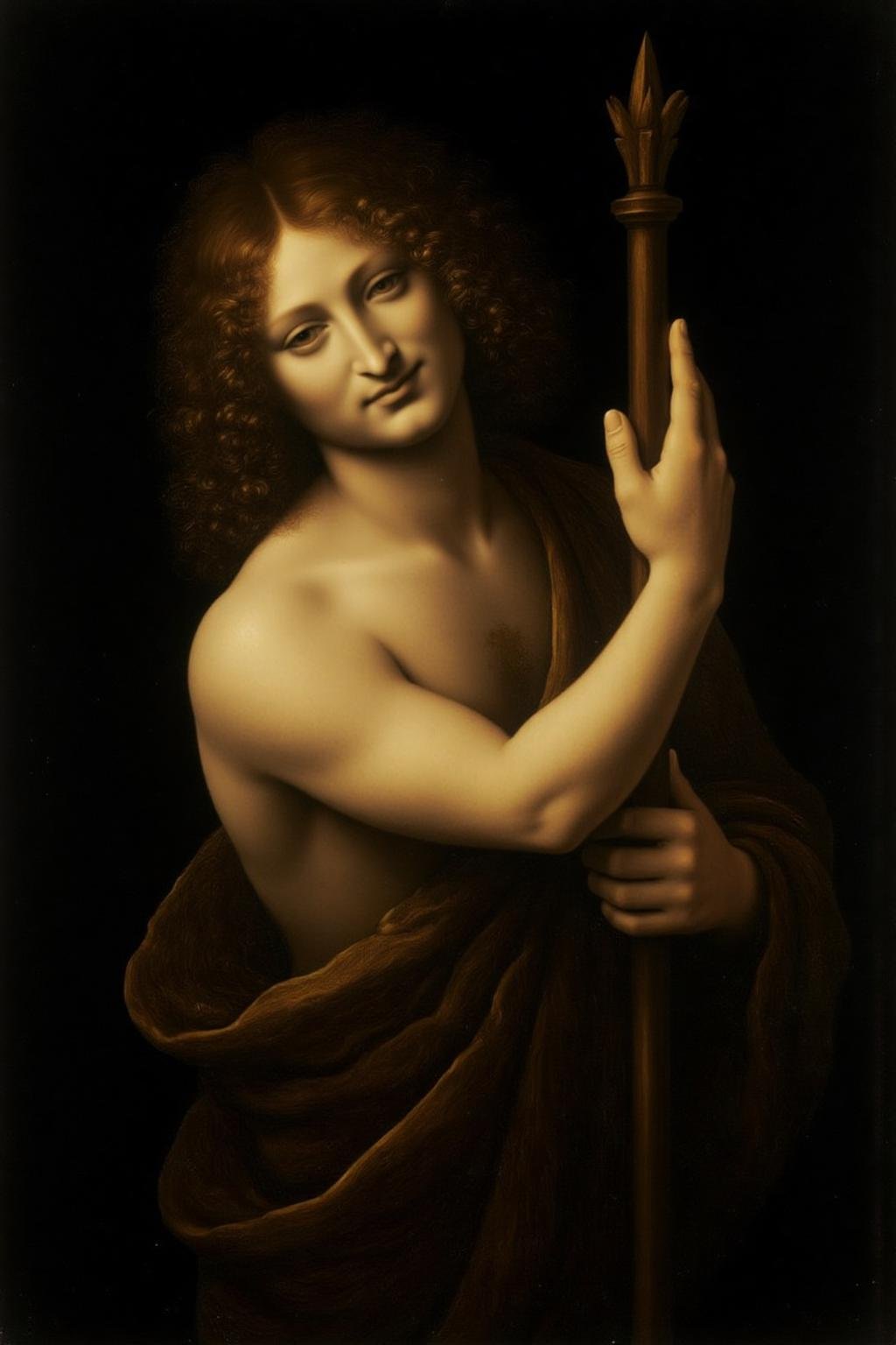 davinci1 painting. A young man with curly hair is partially draped and holding a staff. His body is visible,  and lighting...