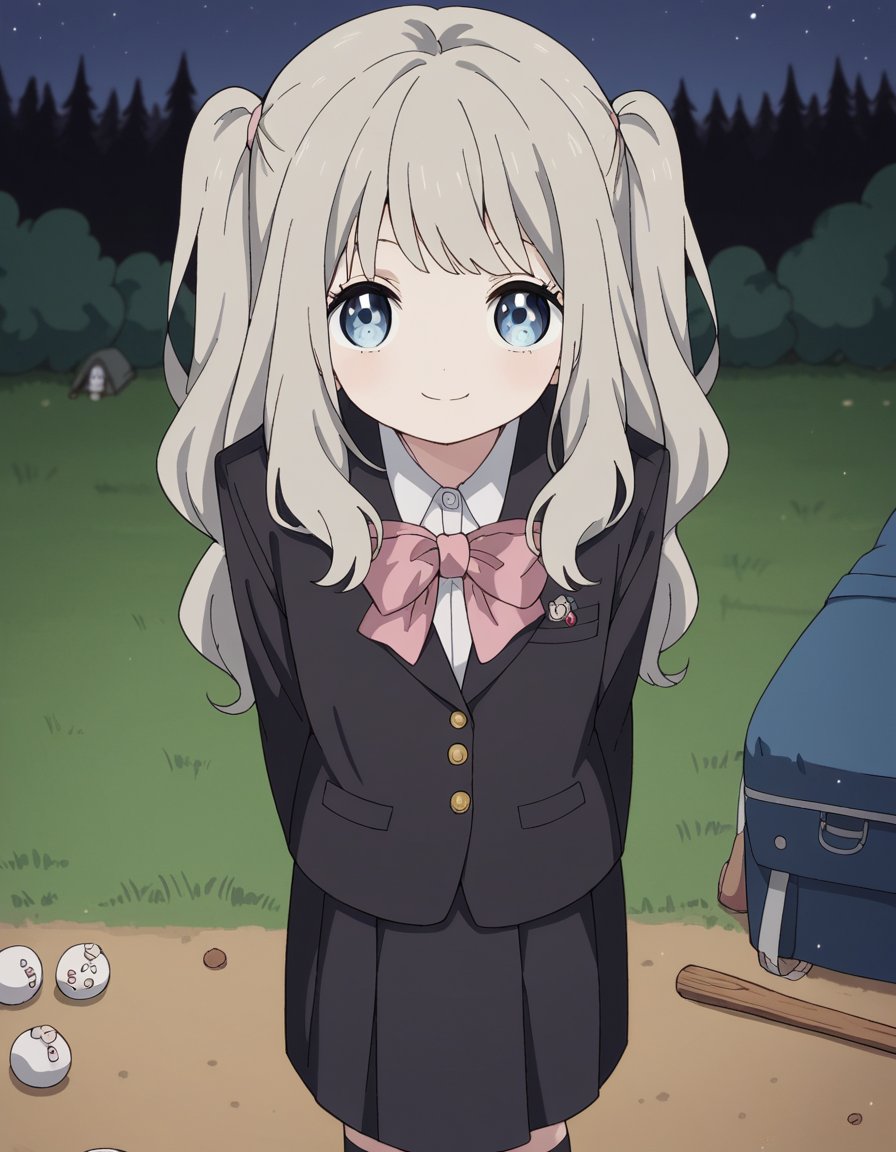 score_9, score_8_up, score_7_up, source_anime, <lora:hotaru-hiraiwa-s1-ponyxl-lora-nochekaiser:1>, hotaru hiraiwa, long hair, bangs, blue eyes, grey hair,, skirt, long sleeves, school uniform, jacket, socks, black skirt, two side up, black jacket, kneehighs, blazer, black socks, bow, bowtie, stripped, stripped bowtie,, camping, bonfire, tent, stargazing, marshmallows, forest clearing, night, smile, looking at viewer, arm behind back, knee bent, foot pointed, solo,, cowboy shot, dutch angle