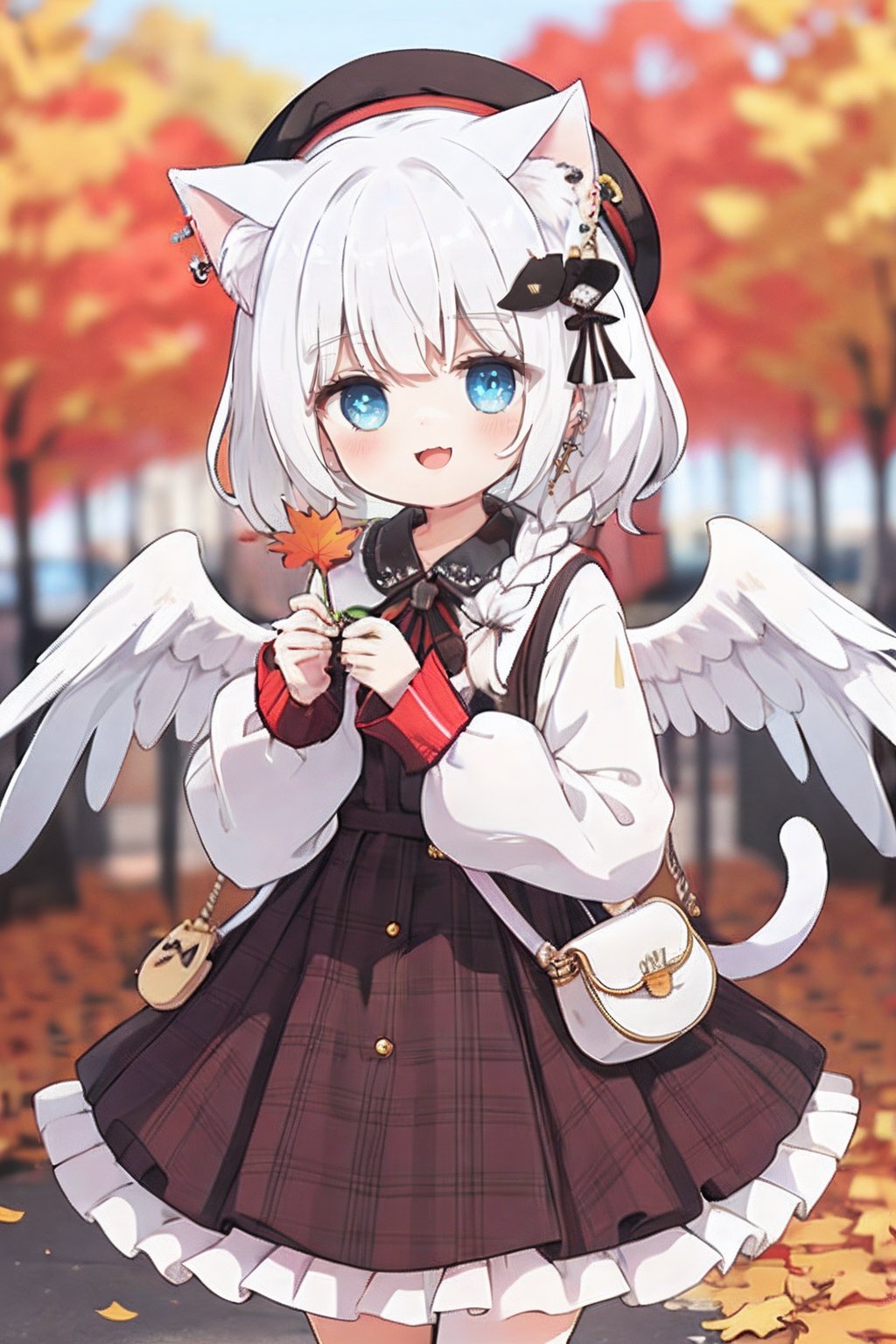 masterpiece,best quality,1girl, solo, long hair, looking at viewer, blush, smile, open mouth, bangs, blue eyes, shirt, hair ornament, long sleeves, hat, dress, bow, ribbon, holding, animal ears, tail, braid, white hair, hair bow, hairband, outdoors, frills, wings, cat ears, bag, blurry, cat tail, animal ear fluff, plaid, bell, black bow, heterochromia, leaf, beret, piercing, frilled dress, x hair ornament, cat girl, ear piercing, feathered wings, angel wings, shoulder bag, white wings, tail ornament, brown dress, autumn leaves, maple leaf, autumn, falling leaves, plaid dress, holding leaf