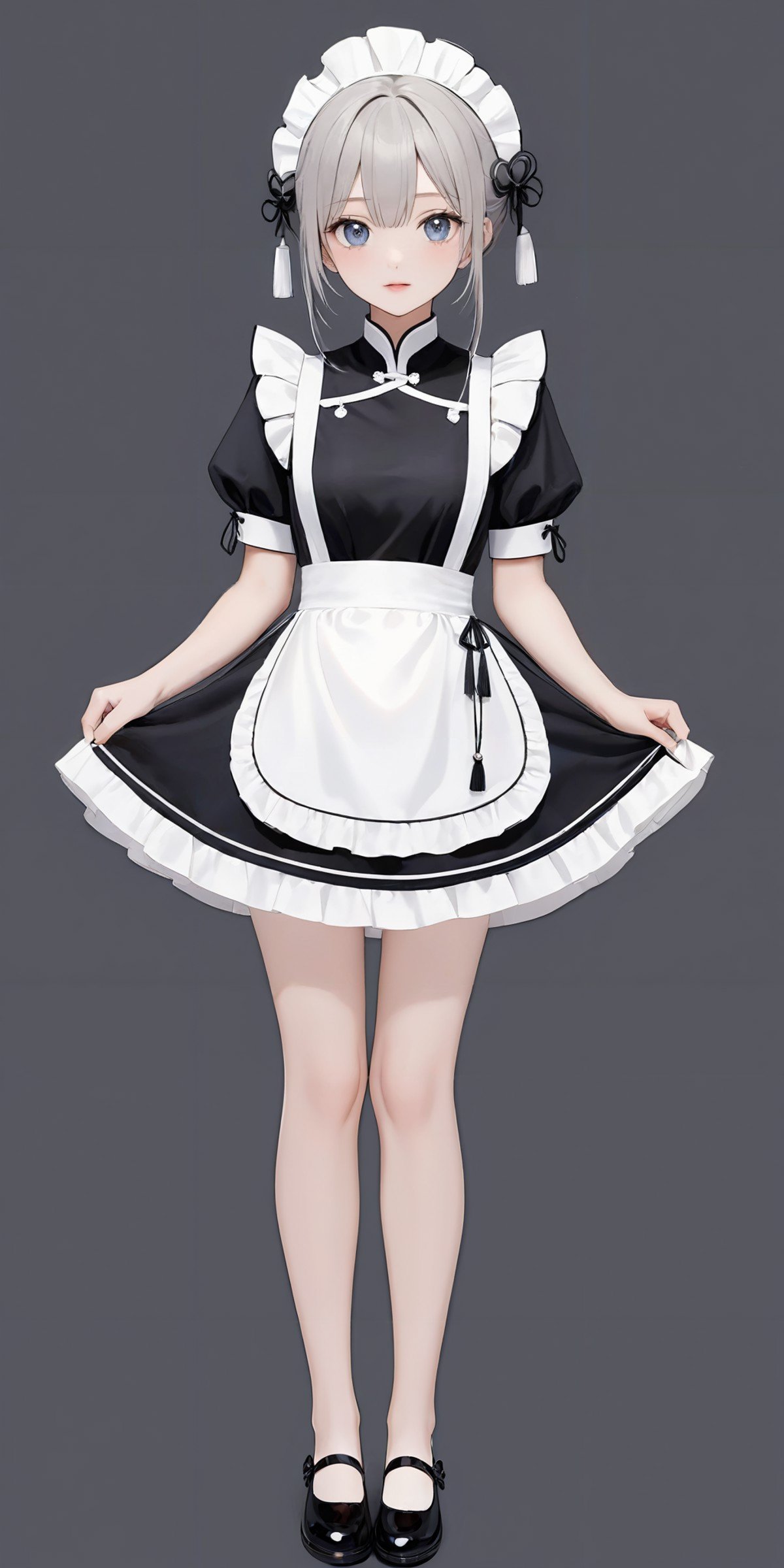 masterpiece,ultra-detailed,best quality,8K,illustration,cute face,clean skin ,shiny hair,girl,ultra-detailed-eyes,simple background, <lora:add-detail-xl:1>  <lora:china maid_XL_V1.0:1> china maid,full body