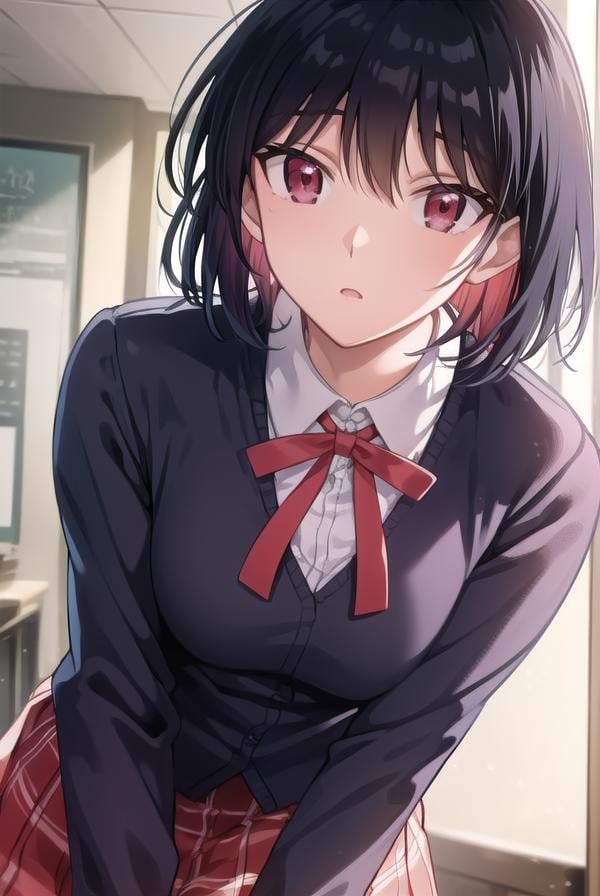 yakumotsukamoto, <lora:yakumo tsukamoto s2-lora-nochekaiser:1>,yakumo tsukamoto, short hair, black hair, (red eyes:1.3),BREAK skirt, shirt, long sleeves, bow, ribbon, school uniform, white shirt, pleated skirt, collared shirt, bowtie, red ribbon, neck ribbon, red skirt,BREAK indoors, classroom,BREAK looking at viewer, (cowboy shot:1.5),BREAK <lyco:GoodHands-beta2:1>, (masterpiece:1.2), best quality, high resolution, unity 8k wallpaper, (illustration:0.8), (beautiful detailed eyes:1.6), extremely detailed face, perfect lighting, extremely detailed CG, (perfect hands, perfect anatomy),