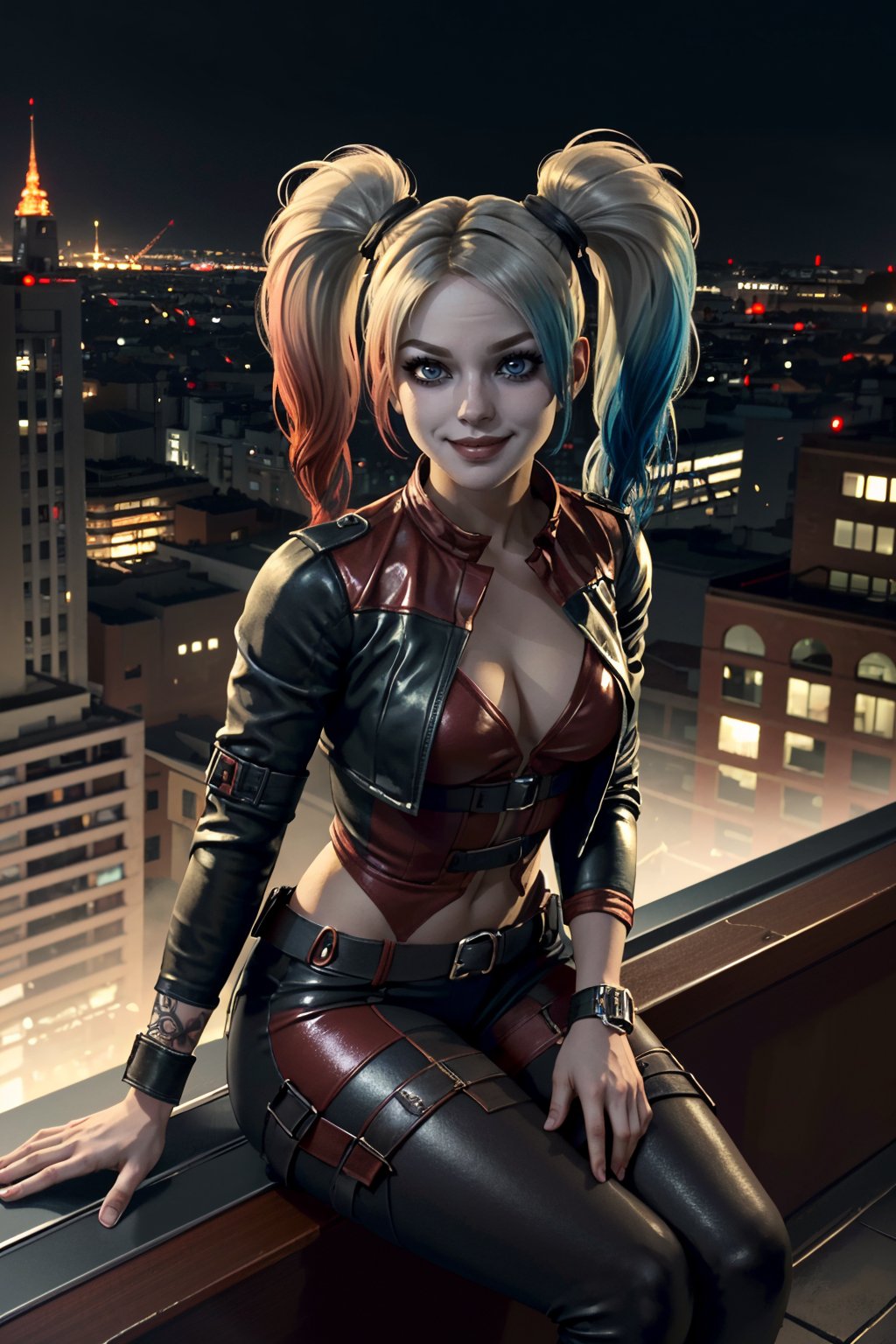 ((ultra detailed, masterpiece, absurdres)) <lora:I2HQuinn:0.8>I2HQuinn, 1girl, twintails, multicolored hair, blonde hair, blue eyes, smile, overlooking the city from a rooftop bar at night, chic outfit, sitting