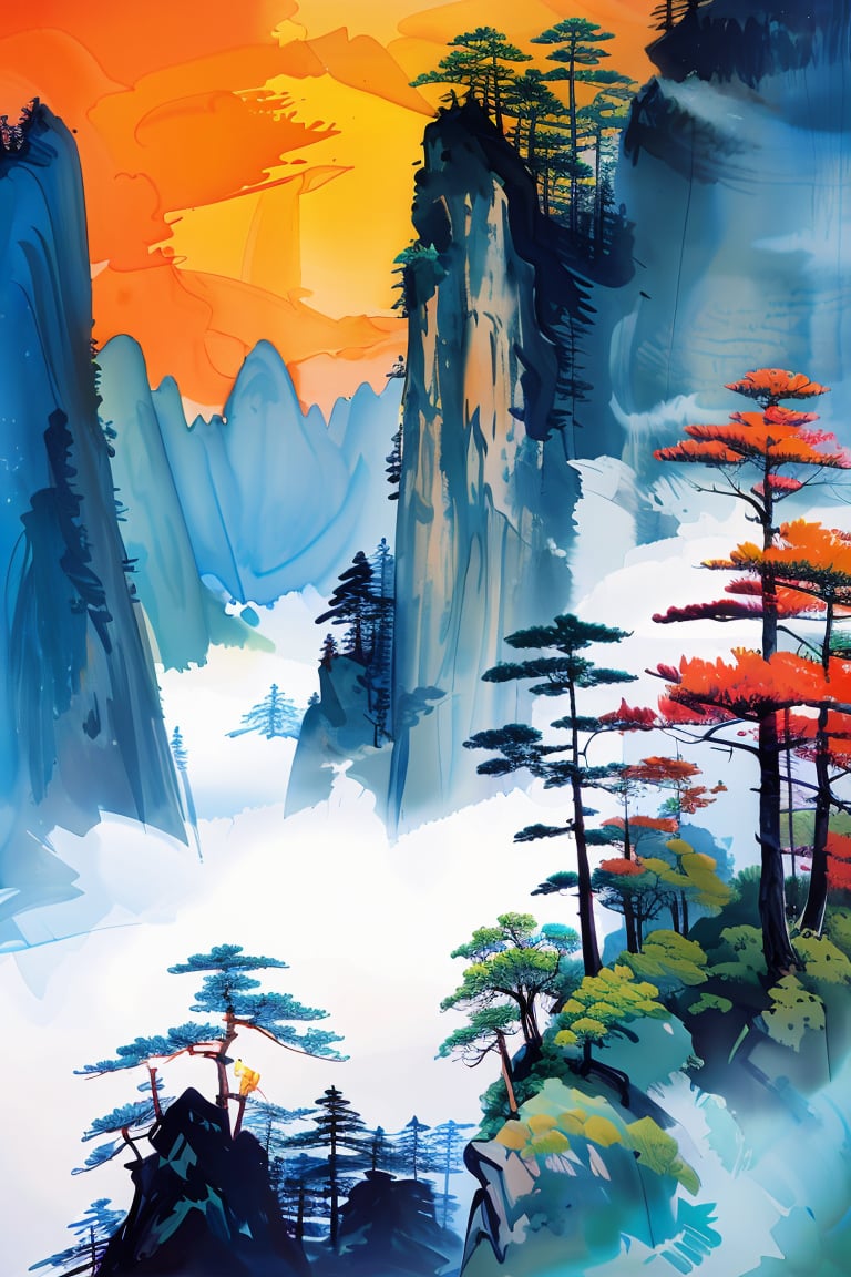 masterpiece,best quality,colorful inkpainting, Huangshan Mountain, scenery, outdoors, tree, no humans, mountain ,<lora:colorful-inkpainting-000016:0.8>,