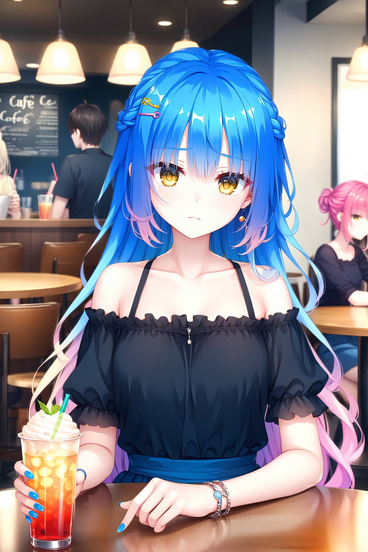 (masterpiece),(best quality),illustration,ultra detailed,hdr,Depth of field,(colorful),hair ornament,cafe,shirt,sitting,long hair,blue nails,drinking straw,closed mouth,yellow eyes,off-shoulder shirt,solo focus,multiple girls,jewelry,holding,indoors,eyelashes,blue hair,collarbone,nail polish,cup,earrings,hairclip,casual,off shoulder,blurry,hair between eyes,straight-on,table,braid,blurry background,looking at viewer,bare shoulders,holding cup,eyes visible through hair,gradient hair,black shirt,frilled shirt,restaurant,frills,multicolored hair,3girls,yellow shirt,fingernails,bracelet,chair,very long hair,drinking glass,frown,1boy,short sleeves,drink,food,sidelocks,wavy hair,plant,