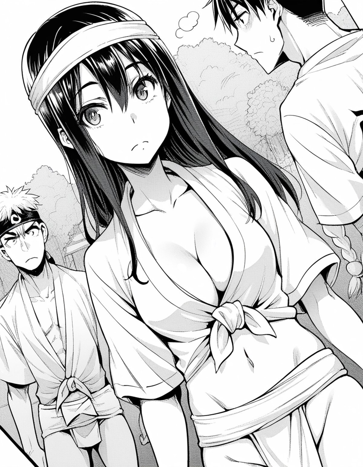 score_9, score_8_up, score_7_up, source_anime, sakiyoshida, <lora:saki-yoshida-manga-ponyxl-lora-nochekaiser:1>, saki yoshida, long hair, hair between eyes, monochrome, greyscale, black hair,, <lora:mizu-happi-ponyxl-lora-nochekaiser:1>, mizu happi, fundoshi, japanese clothes, happi, tied shirt, headband, sarashi, cleavage, collarbone, navel,, festival, summer festival,, cowboy shot, dutch angle, looking at viewer,