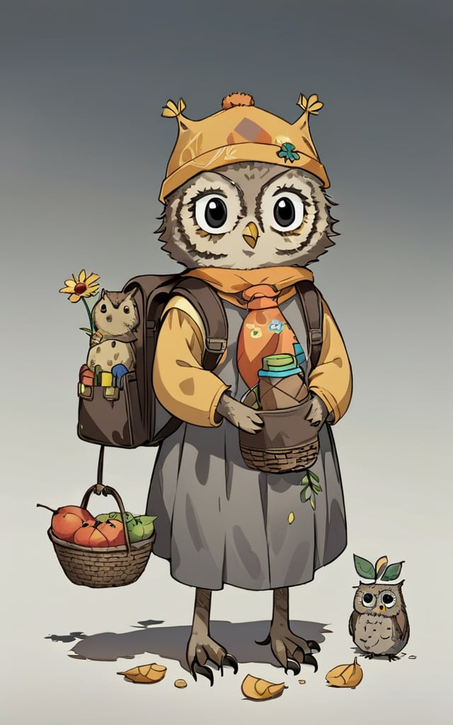 comic_style, children's_painting_style, bird, no humans, owl, bottle, bag, basket, flower, solo, grey background, animal focus, simple background, backpack, animal, hair ornament, hat, looking at viewer, clothed animal, holding, bread, standing, bug, outdoors, leaf, shadow, sitting, stick, black eyes, food, gradient background, fruit, closed mouth，<lora:好吃米-儿童绘本:0.8>,