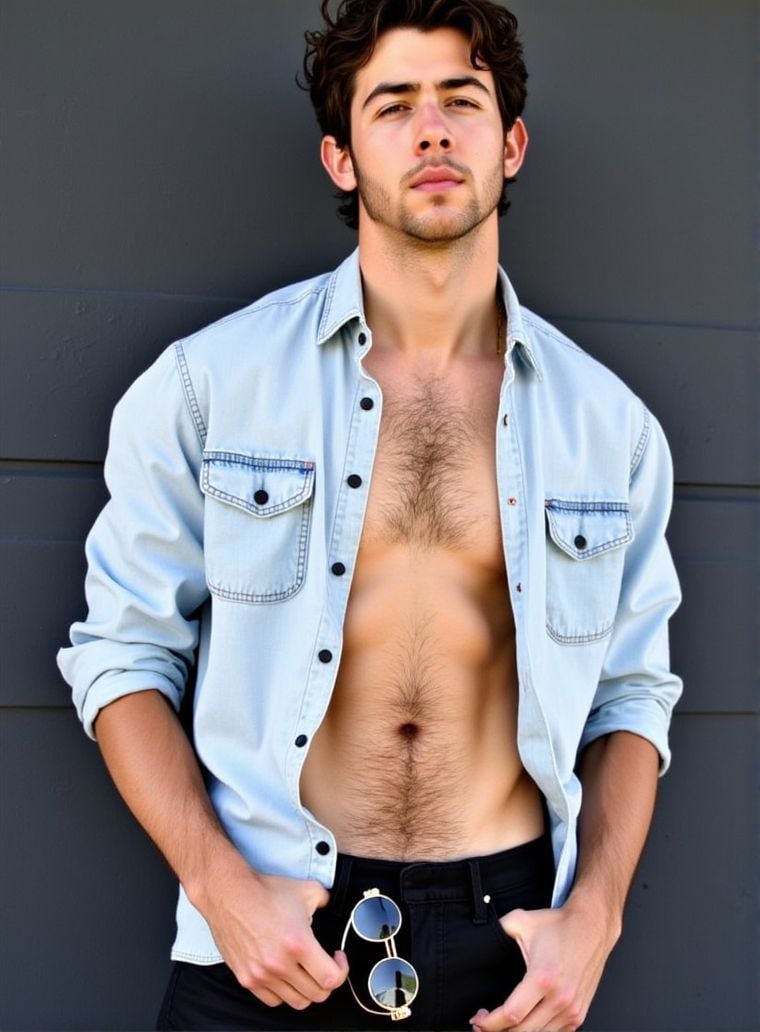 Nick Jonas ,  stands confidently in front of a dark gray wall. He wears a light denim shirt,  unbuttoned at the top by Hot...