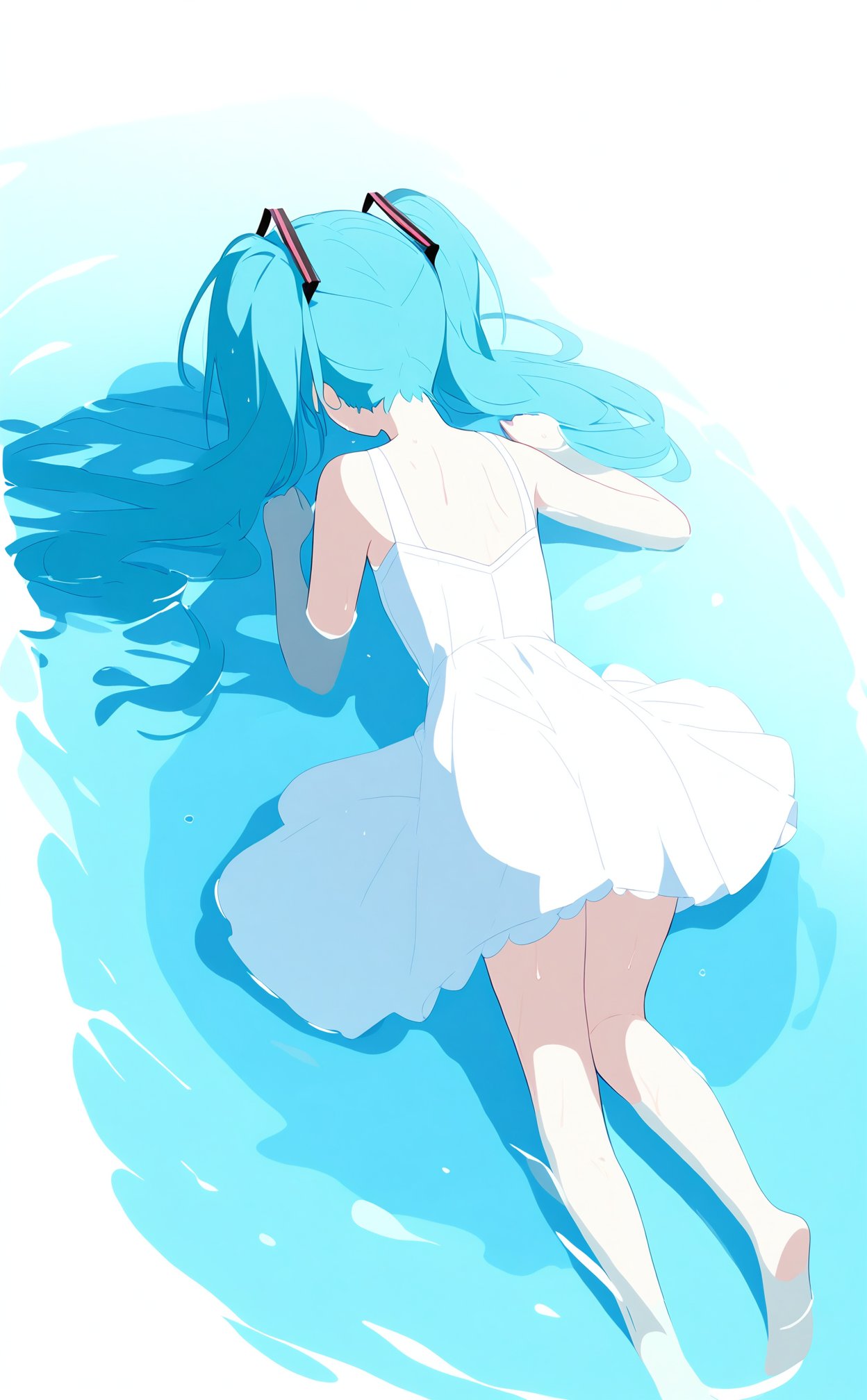 masterpiece,best quality,high quality,(colorful),artist Alens,loli,1girl,solo,from behind,dress,ass,long hair,twintails,white background,sketch,white dress,hatsune miku,water,back,facing away,lying,simple background,barefoot,partially submerged,wet,bare shoulders,