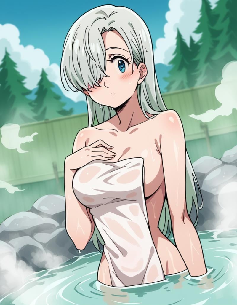 score_9, score_8_up, score_7_up, source_anime, <lora:elizabeth-liones-s1-ponyxl-lora-nochekaiser:1>, elizabeth liones, long hair, blue eyes, grey hair, hair over one eye,, nude, naked, outdoors, onsen, towel, naked towel, steam, bathing, nude cover, partially submerged, water, bath, steam censor, wet towel, blush, looking at viewer, solo,, cowboy shot, dutch angle