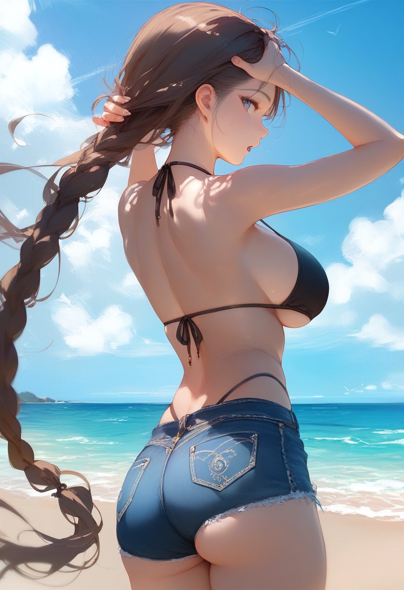 score_9, score_8_up, score_7_up, score_6_up, score_5_up, score_4_up, <lora:style1:1>, style1, 1girl, solo, looking back, open mouth, expressionless, bikini top, denim shorts, brown hair, very long hair, single braid, ass, back, adjusting hair, beach, sea,blue sky, depth of field, arched back, grey eyes, backbob, thick thighs, large breasts, side-tie bikini bottom, highleg bikini bottom,