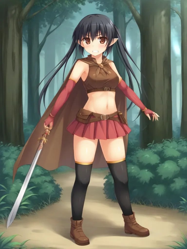 <lora:lucheforforestpony:0.7>1girl, solo, luceeoff black hair, twintails, brown eyes, pointy ears, brown croptop, sleeveless, navel, cape, elbow gloves, fingerless gloves, skirt, miniskirt, thighhighs, brown shoes, standing, outdoors, forest, full body, looking at viewer, clenching teeth, serious, holding, weapon, sword, holding sword, fighting stance