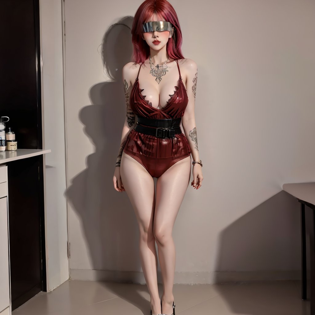 1girl,fair_skin,glamor,slender face,multicolored hair,makeup,fundoshi,eyeshadow,lipstick,light_blush,tattoo,ear_ornament,blindfold,(large breasts),bare shoulders,((bare legs)),((standing)),<lora:giao-000010:0.8>,<lora:FF_Girl丨多风格lora_v1.0:0.6>,