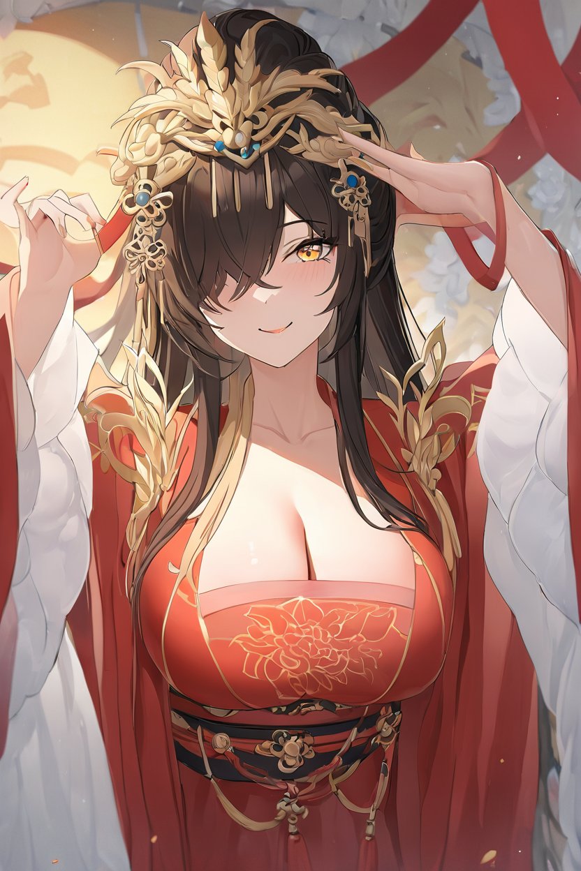 <lora:XL_harbin_(red paeonia)_(azur lane)-002-step00000500:1>,((extremely detailed CG unity 8k wallpaper,masterpiece, best quality, ultra-detailed)),hair_over_one_eye, ,yellow eyes,1girl,中式婚纱头饰,哈尔滨_(赤芍)_(碧蓝航线),中式婚纱,cleavage, smile,sfw,