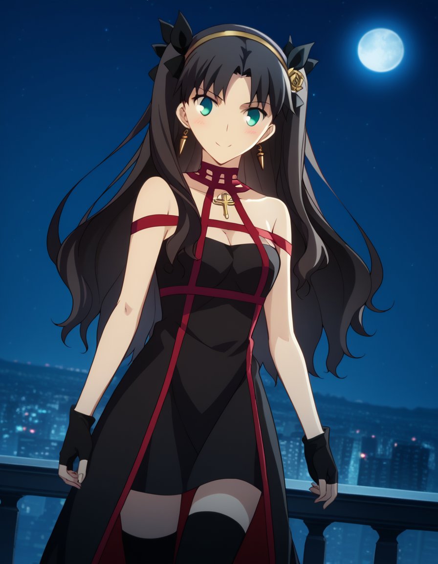 score_9, score_8_up, score_7_up, source_anime, rintohsaka, <lora:rin-tohsaka-ubw-ponyxl-lora-nochekaiser:1>, rin tohsaka, aqua eyes, black hair, hair ribbon, long hair, ribbon, sidelocks, two side up, parted bangs,, <lora:yor-briar-cosplay-ponyxl-lora-nochekaiser:1>, yorbriarcosplay, yor briar \(cosplay\), bare shoulders, black dress, black gloves, cleavage, dress, earrings, gloves, gold earrings, hair ornament, hair band, jewelry, bare shoulders, collarbone, fingerless gloves, thighhighs, black thighhighs,, cityscape, night, moon, blush, smile,, cowboy shot, dutch angle, solo,