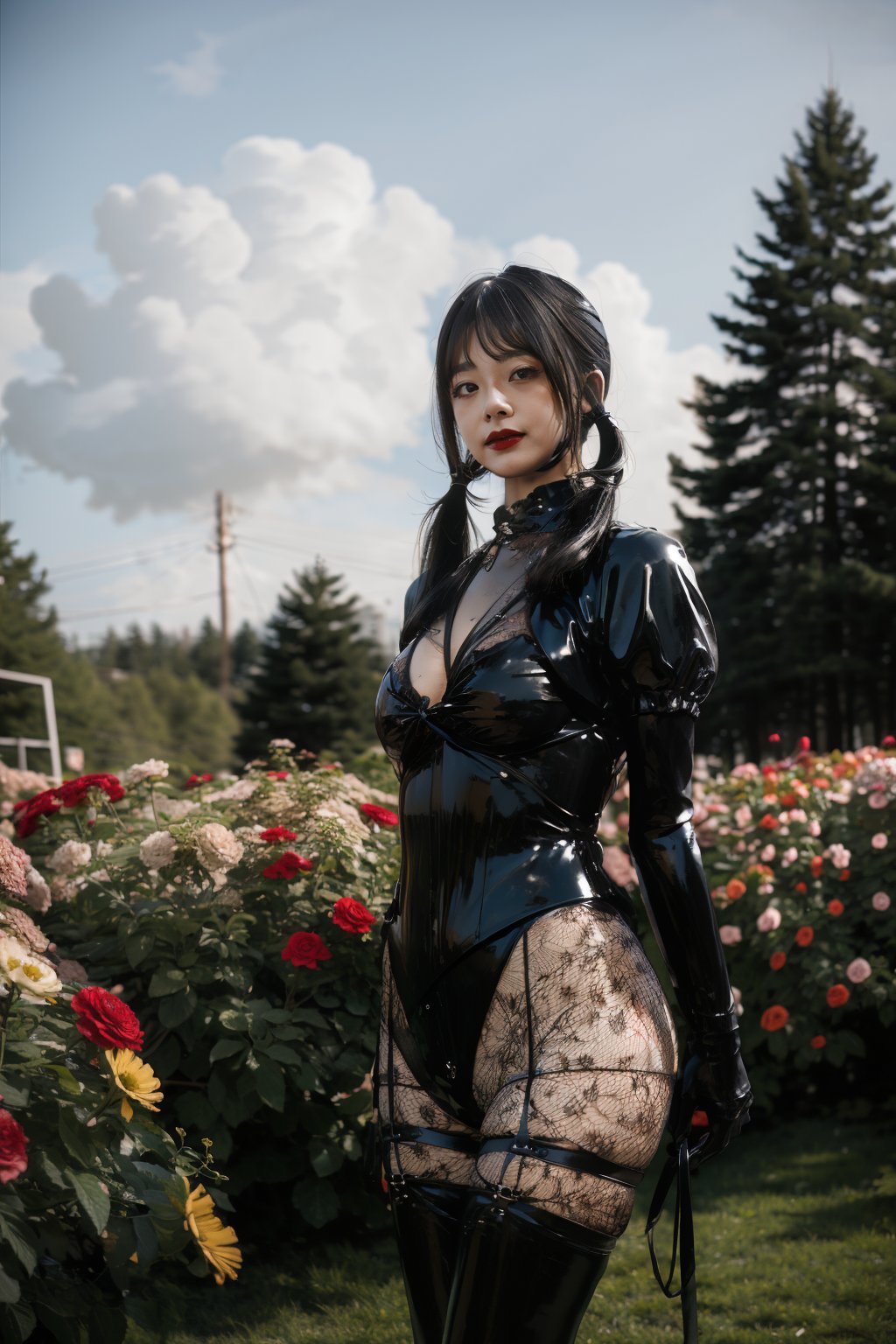 masterpiece,best quality,realistic,1girl,long hair,twintails,solo,small breasts,black gloves,black eyes,red lips,garter straps,fishnets,latex clothing,standing,cowboy shot,outdoors,flowers,tree,cloud,day,<lora:LatexClothingNun_v1_wd14-08:0.8>,