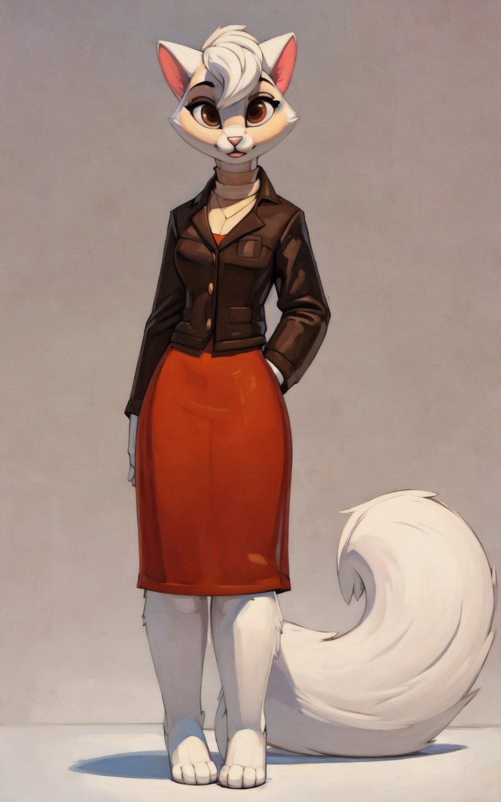 8k,4k,((Best quality, masterpiece, ultra high resolution)),((full body, by pixelsketcher)),   <lora:SawyerCDD:0.8>,SawyerCDD,furry female, furry, tail,animal ears, brown eyes, gradient, white hair, white fur, short hair, skirt, orange skirt, side slit,brown jacket,(( white background)), barefoot, feet, cat girl, front viwe