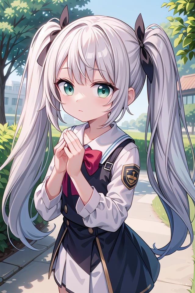 insanely detailed, absurdres, ultra-highres, ultra-detailed, best quality,1girl, solo, nice hands, perfect hands,BREAK,wearing summer school uniform,expressionless, closed mouth,standing,45 angle, cowboy shot, looking at viewer,BREAK,(tsurime:1.4),slender, kawaii, perfect symmetrical face, ultra cute girl, ultra cute face, ultra detailed eyes, ultra detailed hair, ultra cute, ultra beautiful,by Canon EOS, SIGMA Art Lens 35mm F1.4, ISO 200 Shutter Speed 2000,BREAK,in a park,silver hair, twintails, green eyes,