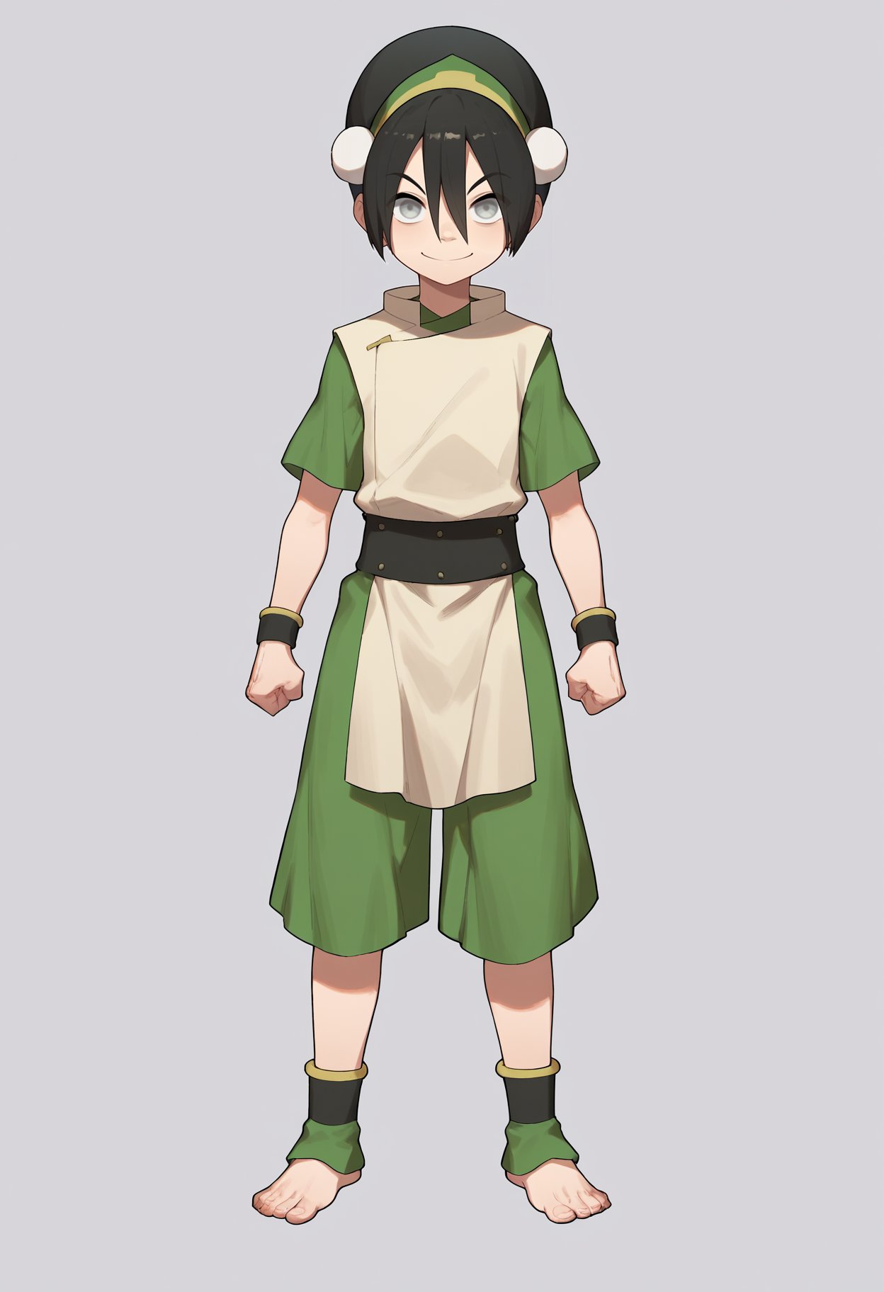 score_9, score_8_up, score_7_up, score_6_up, score_5_up, score_4_up, BREAK, source_anime,1girl, toph, bangs, black hair, blind, grey eyes, hair between eyes, hair bun, hairband, short hair, short sleeves, tunic, chinese clothes, baggy capri pants,clenched hands, smile, standing, full body, looking at viewer, solo, simple background, white background    <lora:TophXL:1>