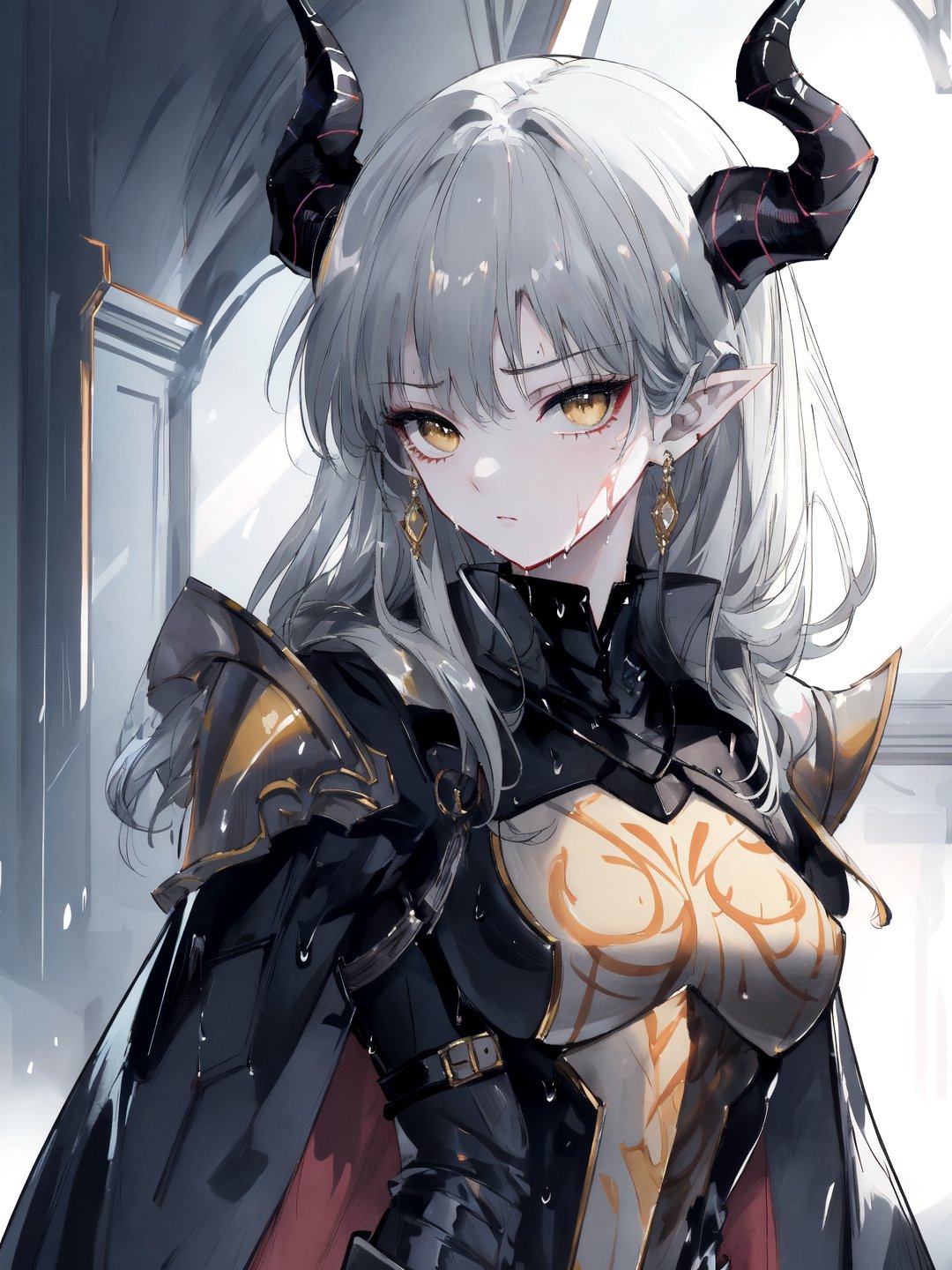 extremely detailed CG unity 8k wallpaper, (masterpiece), best quality, illustration, (1 girl), wet skin, expressionless, yellow eyes, (anger), horns, (silver armor), metal, complex pattern, corner, cape, indifference