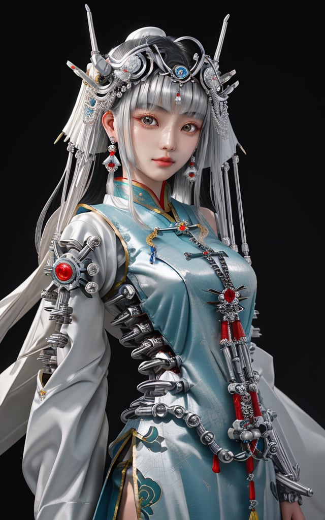 1girl,depth of field,earrings,Chinese Yi ethnic clothing,(mecha clothing:1.3),Silver headwear,Metal tassels,Yi ethnic metal jewelry,round silver necklace,complex jewelry,super complex headpiece,crescent shaped headpiece,mecha,(mechanical limb:1.3),Complex helmet,luster audience looking,the silver metal surface,