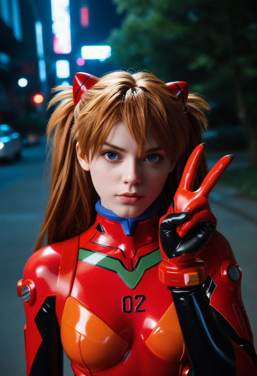 score_9, score_8_up, score_7_up, score_6_up, score_5_up, score_4_up, realisticsouryuu asuka langley, neon genesis evangelion, plug suit, looking at viewer, facing viewer, expressionless, red bodysuitPeace sign, gloves, blue eyes, outdoors, night, street, skyscrapers, futuristic,