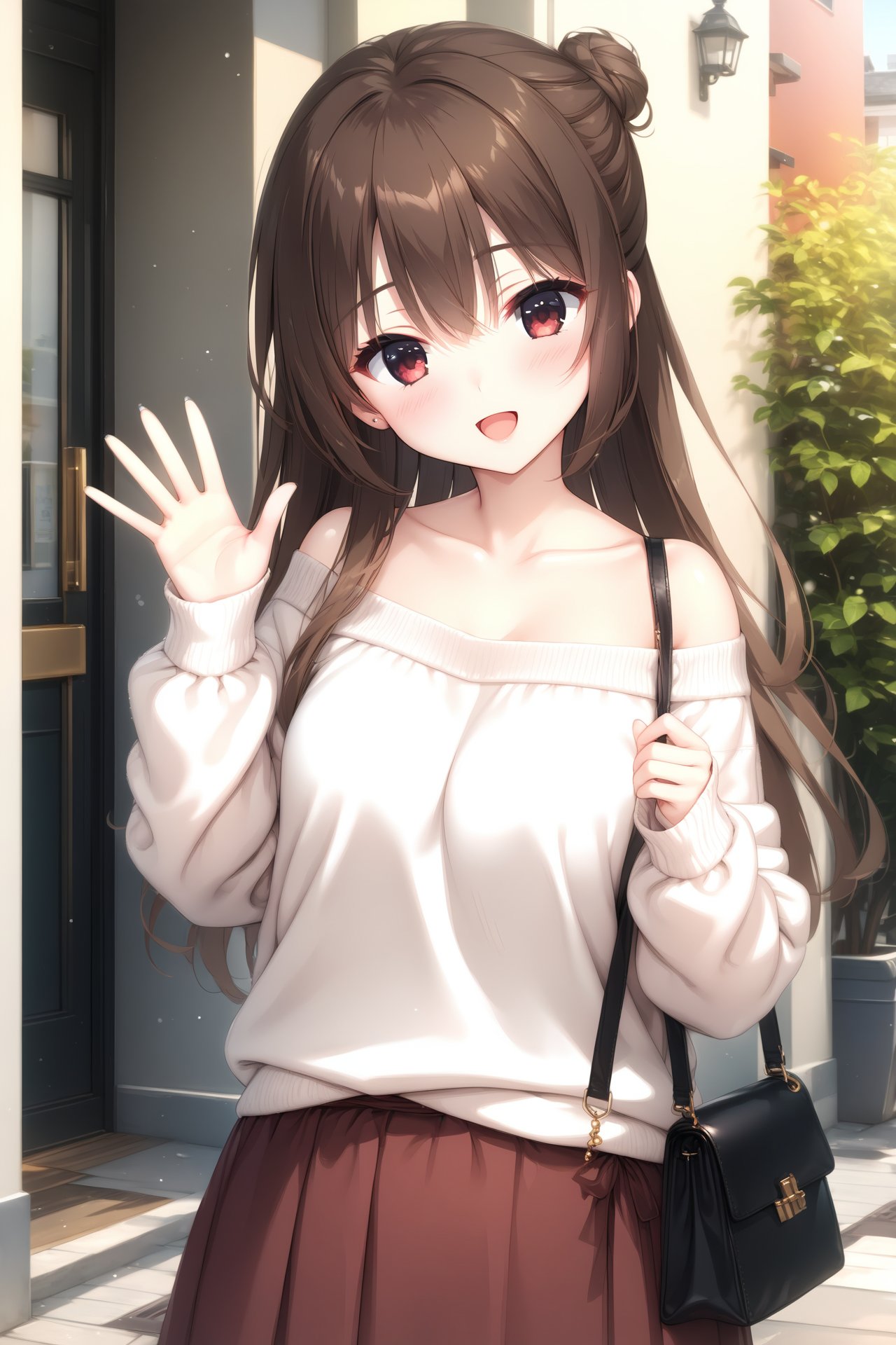 (masterpiece),(best quality),illustration,ultra detailed,hdr,Depth of field,(colorful),1girl, solo, smile, skirt, long hair, open mouth, brown hair, :d, collarbone, looking at viewer, holding, hair bun, bag, long sleeves, off shoulder, holding bag, sweater, single hair bun, off-shoulder sweater, white sweater, sleeves past wrists, brown skirt, blush, outdoors, jewelry, waving, red skirt, hand up, head tilt, hair between eyes, bare shoulders, standing, red eyes, breasts