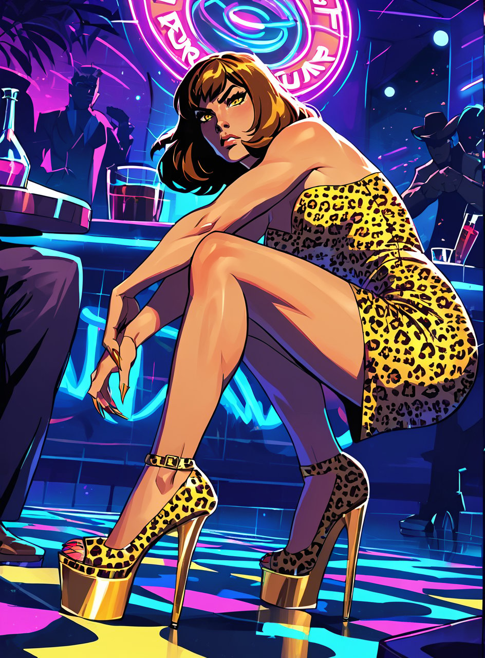 score_9, score_8_up, score_7_up, <lora:classcompxl:1>, classcompxl, vibrant color, 1girl, nightclub, dark, night, disco floor, heels, in motion, action, bangs, aubrun hair, leopard print dress, serious, yellow eyes, tight dress, crouching, platform heels, claws, 