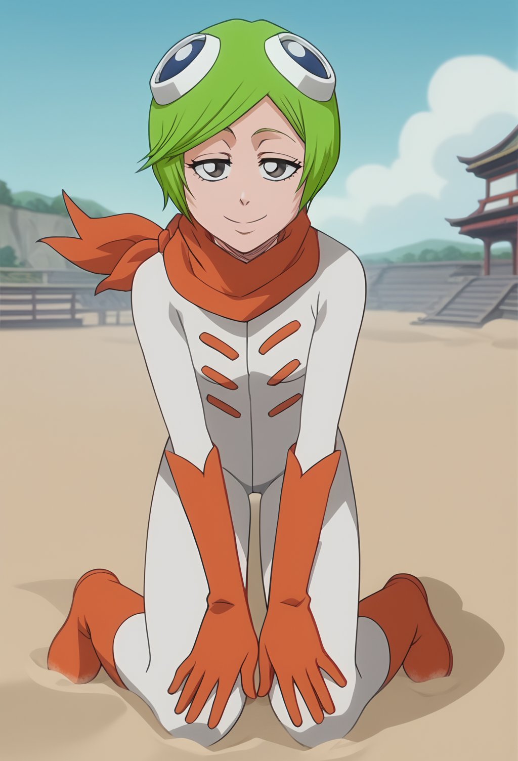 score_9, score_8_up, score_7_up, score_6_up, score_5_up, score_4_up, mashirokuna, green hair, googles, bodysuit, scarf, gloves, boots, looking at viewer, source_anime, outdoors, screencap, style of bleach, smile, half-closed eyes, small breasts, , hands on knees, sitting on sand, japanese buildings, white walls, white bodysuit, orange gloves, orange legwear<lora:EMS-435429-EMS:0.900000>