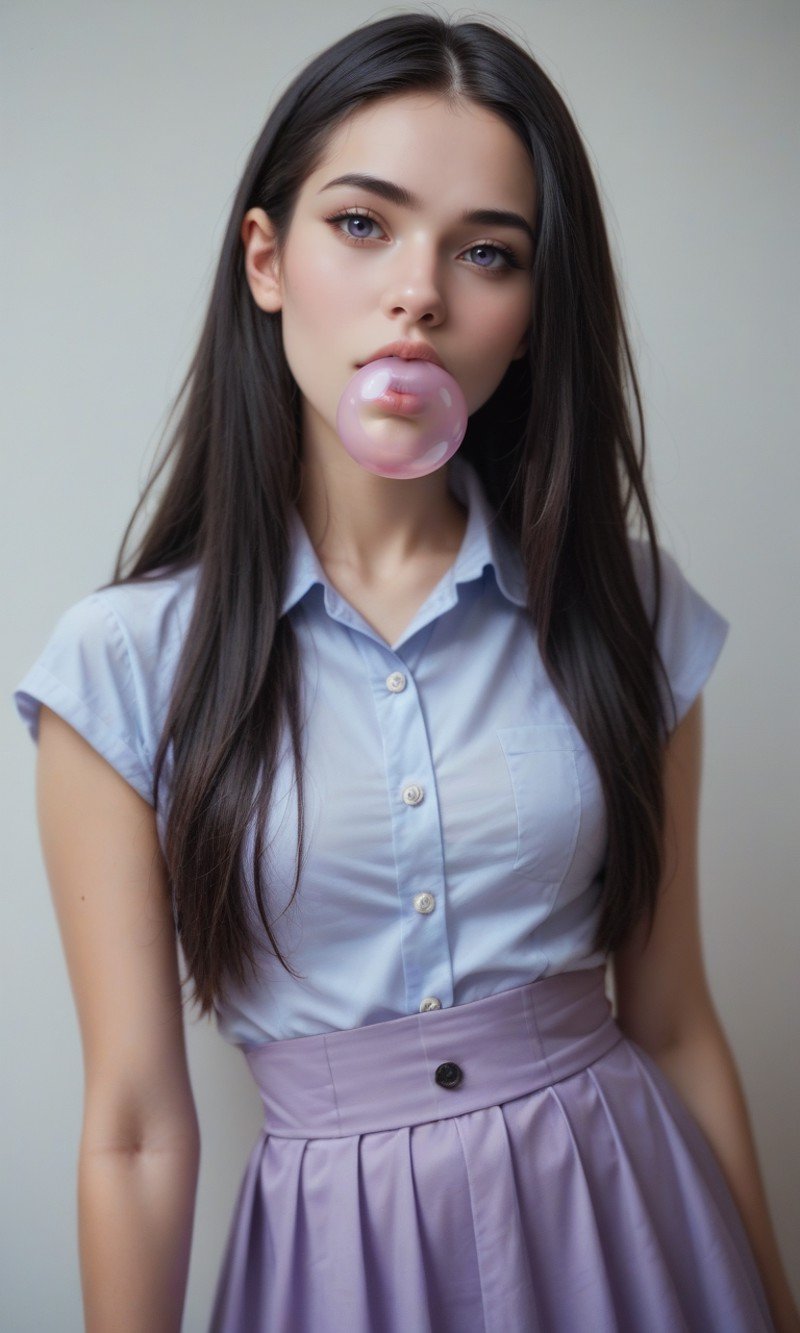 score_9, score_8_up, score_7_up, best quality, masterpiece,realistic,RAW Photo, DSLR BREAK(kkw-ph1:0.9) BREAKhalf body portrait of a young 20yo woman, black hair, wearing a summer dress BREAKdetailed, blowing bubble gum, translucent purple bubble gum <lora:Bubble Gum:0.55>, professional colorgraded