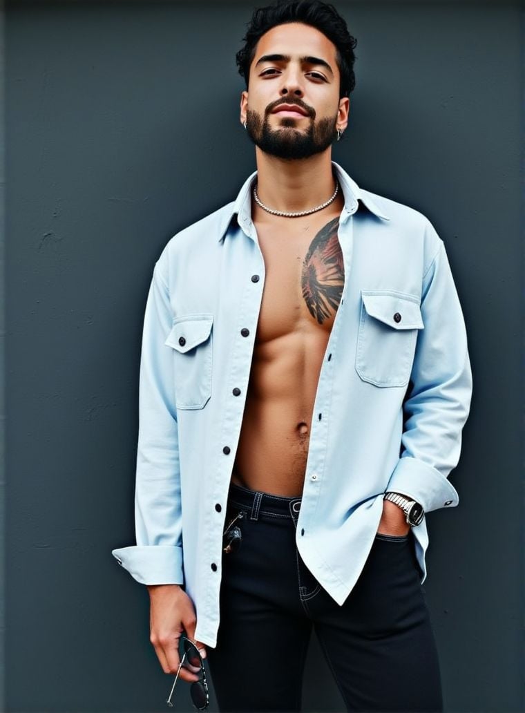 Maluma ,  stands confidently in front of a dark gray wall. He wears a light denim shirt,  unbuttoned at the top by Hotties...