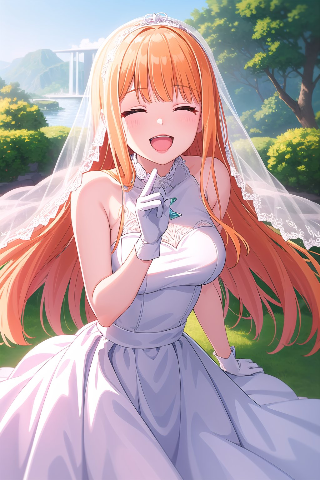 (masterpiece, best quality), highly detailed background, perfect lightingbest quality, shiunsumika, solo, outdoors, nature, bridal veil, orange hair, blunt bangs, wavy hair, very long hair, closed eyes, medium breasts, wedding dress, white dress, white gloves, frilled skirt, smile, open mouth, ^o^, pink lips, <lora:Shiun-Sumika-05:0.7>