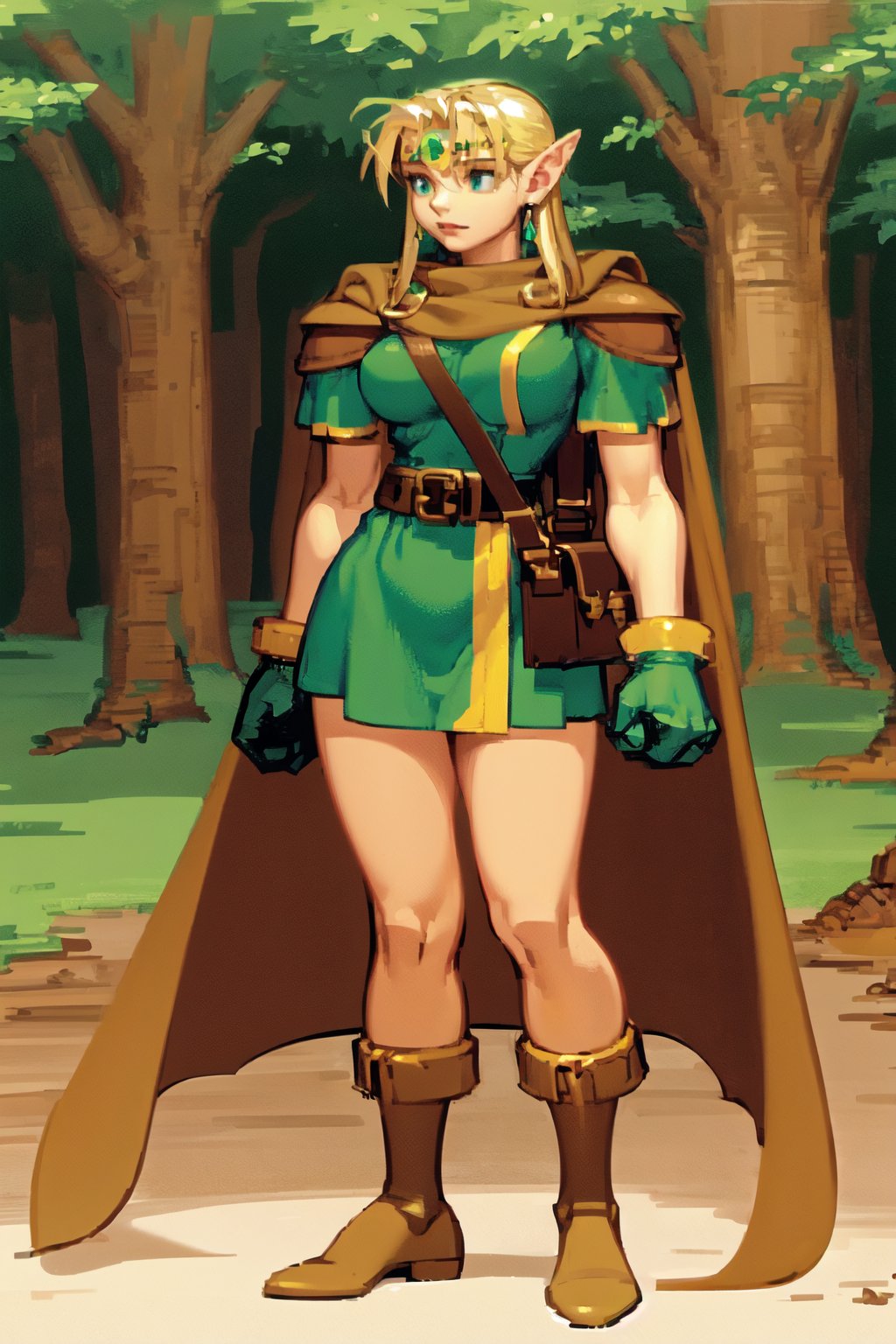 elfmyst, 1girl, solo, circlet, earrings, cape, shoulder armor, short dress, shoulder bag, strap, gloves, belt, (green boots), full body, standing, forest <lora:elfmyst_V2-10:0.7> <lora:_Fp:0.8>