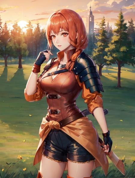 masterpiece, ultra high quality cg, best quality, leonie pinelli, hair over shoulder, orange shirt, shoulder armor, fingerless gloves, black shorts, sitting, 