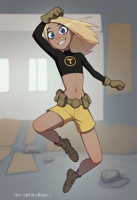 <lora:Terra_TEEN_TITANS_for_PonyXL:1>, terra_markov, 1girl, solo, gloves, navel, midriff, indoors, shorts, smile, crop top, belt, yellow shorts, full body, dark skin, long sleeves, dark-skinned female, shirt, boots, flat chest, pouch, action pose, jumping, score_9, score_8_up, score_7_up, score_6_up, score_5_up, score_4_up