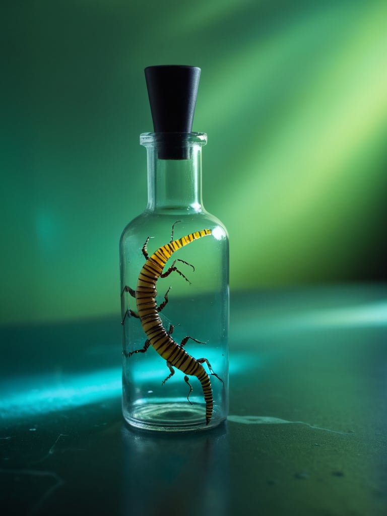 realistic  cinematic photo, source_science. still life, cracked broken laboratory vial, alien centipede, spill fixl-art