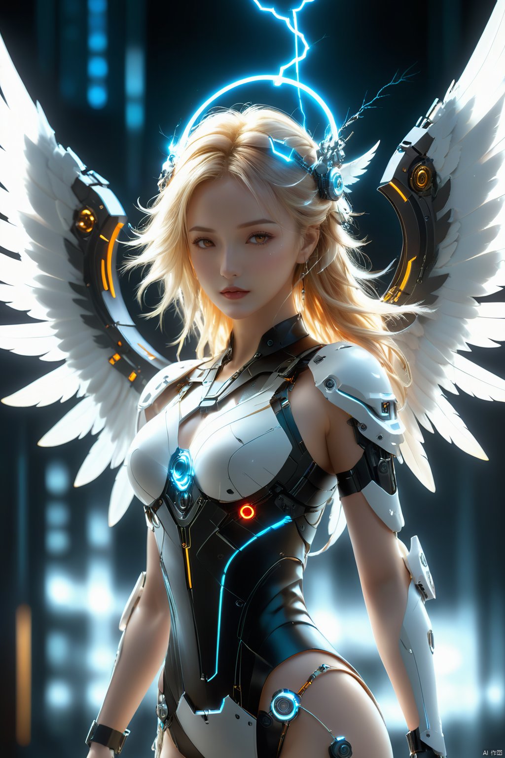 cyberpunk art,fantasy art,1girl,angel,angel wings,white theme,(winding lightning:1.2),mechanically constructed body,extremely complex mechanical structures,white skin,white wings,bright picture,red eyes,electricity,breasts,realistic,looking at viewer,blonde hair,mechanical wings,red eyes,a glowing halo above one's head,masterpiece,best quality,ultra-detailed,very detailed illustrations,extremely detailed,intricate details,highres,super complex details,extremely detailed 8k cg wallpaper,cowboy shot,reflections,ray tracing,dark aura,cyber effect,mecha girl parts,robot joints,single mechanical arm,(angel's halo),mechanical halo,intricate mechanical bodysuit,mecha corset,(transparent plastic armor),very long hair,hair between eyes,multicolored hair,colored inner hair,random expressions,random action,dynamic pose.true-to-life feathers,This female character possesses a body constructed entirely of intricate mechanical components,the complexity and finesse of which are truly awe-inspiring. Her skin is flawlessly white,and she unfurls a pair of pure white wings behind her back,adorned with a winding lightning pattern that is rendered at 1.2 times the standard density,creating a striking visual impact. These wings not only embody mechanical architecture but are also depicted with such lifelike detail that they resemble genuine feathers.,She boasts ruby-red eyes that gleam with the kinetic energy of flowing electricity,directly engaging the viewer. Her golden locks shine brightly as they flow in the wind,with several strands naturally cascading down between her eyes. She sports a single mechanical arm,its joints meticulously designed with a distinct cyberpunk aesthetic.,Her head is adorned with a halo composed of similar mechanical parts,softly emitting light,further enhancing her portrayal as a mechanical angel., scenery<lora:EMS-349481-EMS:0.800000>, <lora:EMS-337923-EMS:0.600000>, <lora:EMS-317135-EMS:0.600000>