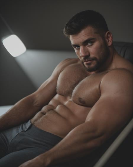 Homoerotic, a high-resolution, artistic 3/4 portrait of a man with a rugged, authentic appearance, emphasizing a well-defined physique. Black hair, fuzzy eye brows, [[blue-eyes, pupils]], round face, [subble]+goatee, Stocky:burly, muscle_bear. skin pores, imperfect skin. The man should project strength and resilience with a natural, confident expression. photographed on a Canon EOS R5 camera - Canon RF 85mm f/1.2L lens to capture the image. Illuminate him with a softbox light positioned at a 45-degree angle, using a warm color temperature of around 3200K to create natural and flattering shadows that highlight his muscular definition., selective focus, , narrow depth of field