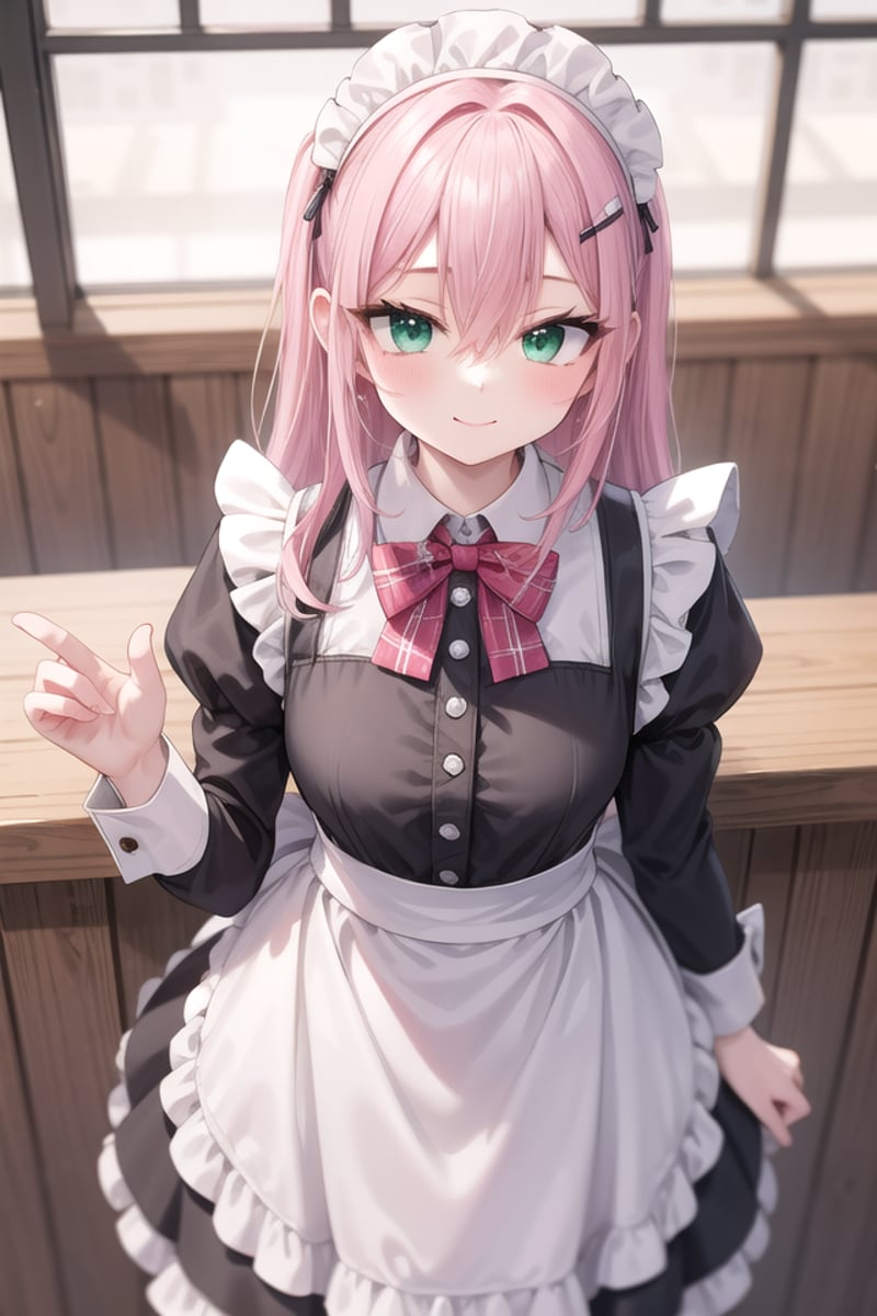 insanely detailed, absurdres, ultra-highres, ultra-detailed, best quality,1girl, solo, nice hands, perfect handsBREAK(cleavage:-1.5),(classical maid:1.2),apron, blush, bow, bowtie, frilled apron, frills, long sleeves, maid, maid apron, maid headdress, waist apron, white apron,(maid costume, maid hair dress:1.3), long skirtBREAKhappy smile, laugh, closed mouthBREAKfrom above,standing, cowboy shot, looking at viewerBREAKslender, kawaii, perfect symmetrical face, ultra cute girl, ultra cute face, ultra detailed eyes, ultra detailed hair, ultra cute, ultra beautifulBREAKin coffee shop, indoors, depth of field, ultra detailed backgroundBREAKmedium breastsBREAK(pink hair, dark green eyes), long hair, hair between eyes