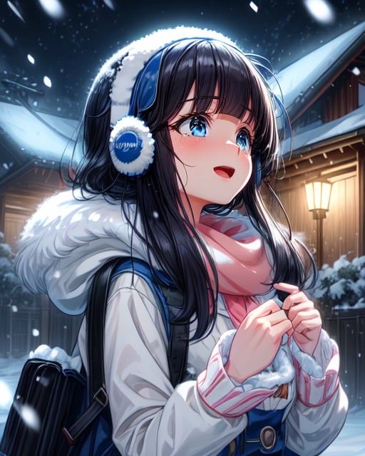 best quality, masterpiece, highres, detailed, digital artwork, <lora:Tools - add_detail:0.2>, SnowWonder,  <lora:Scene - SnowWonder:0.8>, excited, snowing, night, upper body, BREAK  MyojinOka, white shirt, blue dress, blue eyes, earmuffs, blunt bangs, black hair, down jacket, <lora:Character - MyojinOka:0.8>