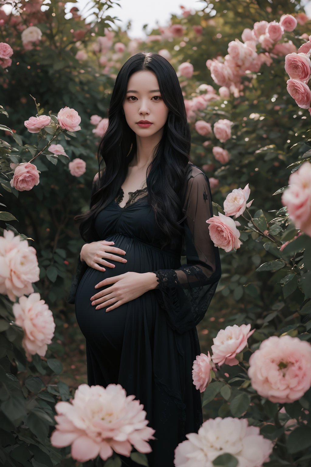 front,heimeigui,a pregnant woman,white_flower,rose,black dress,<lora:heimeigui-000018:0.7>,cinematic,a sense of scale and narrative,ethereal scenes,peaceful solitude,stunning contrasts and shadow,introspection,8k,Photography,super detailed,hyper realistic,masterpiece,Depth of field,Bright color,Super lightsensation,Caustic,