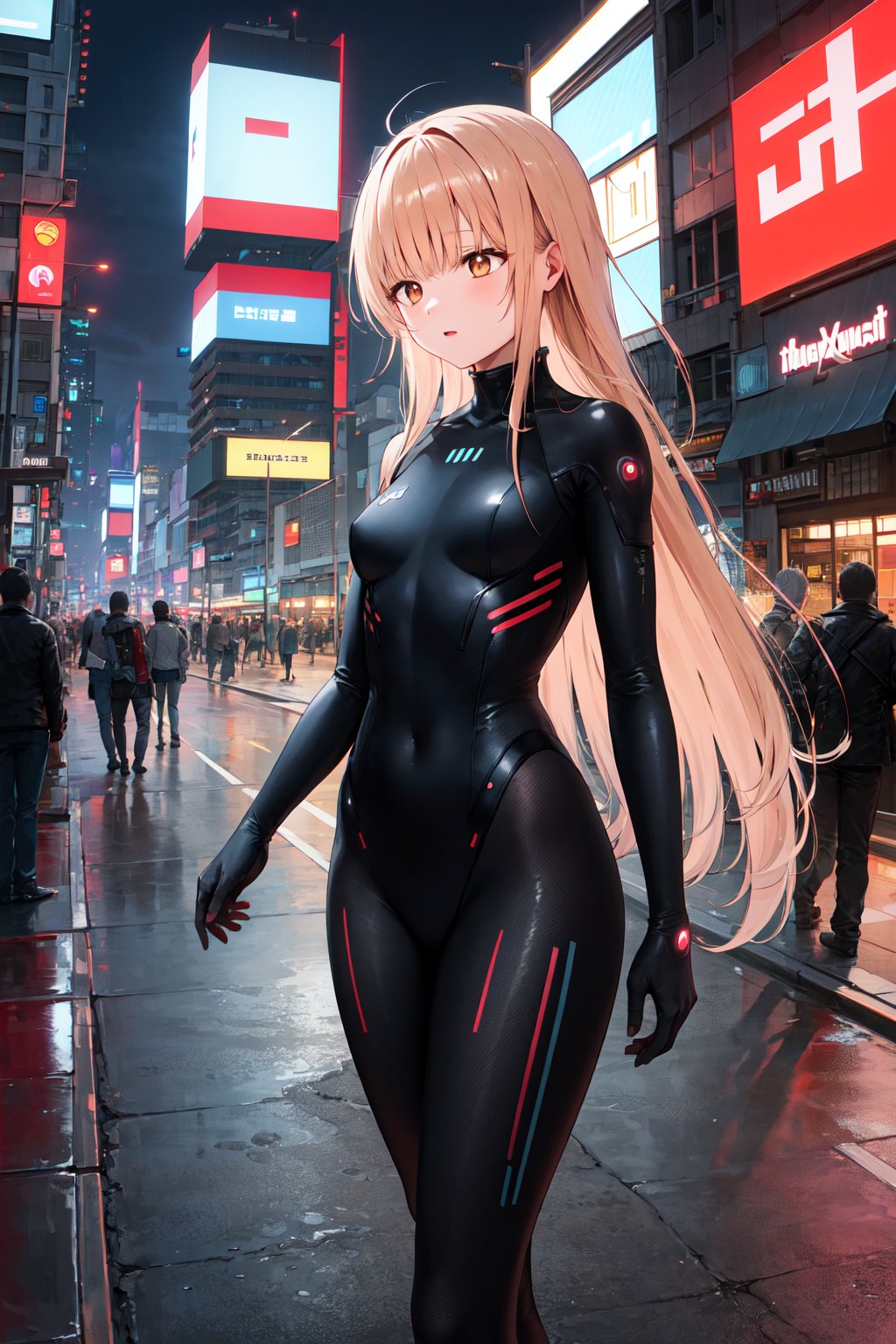 masterpiece, best quality, highres, aamahiru, long hair, <lora:shiina_mahiru_v1:0.7>, small breasts, bodysuit, cyberpunk, city, street, night, standing, 