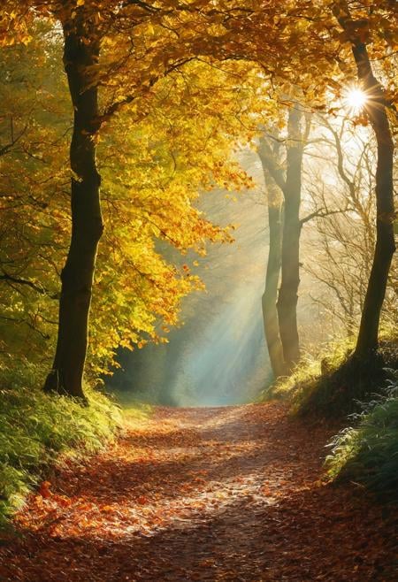 photograph, a path in the woods with leaves and the sun shining , by Julian Allen, dramatic autumn landscape, ears, park, take off, peace, rich cold moody colours, hi resolution, oaks