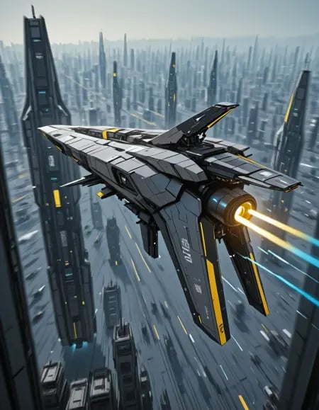 A sleek,  angular design spacecraft slices through the air at high speed,  its silhouette sharp and aggressive against a b...