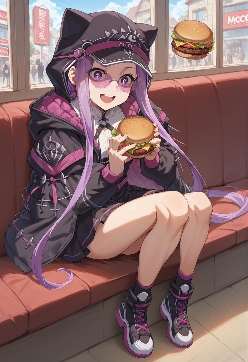 1girl, purple hair, absurdly long hair, purple eyes, braid, sunglasses, round eyewear, (animal hood), hood on, white shirt, dress, miniskirt, pleated skirt, cropped jacket, belt, long sleeves, cross-laced footwear, sitting, full body, indoors, mcdonald's, (holding burger), starry eyes, upper body <lora:Meduseless:0.8> <lora:Medusa_Ana:1> small breasts, age regression, smile, open mouth, score_9, score_8_up, score_7_up, score_6_up, score_5_up, score_4_up, (m-da s-tarou:0), masterpiece