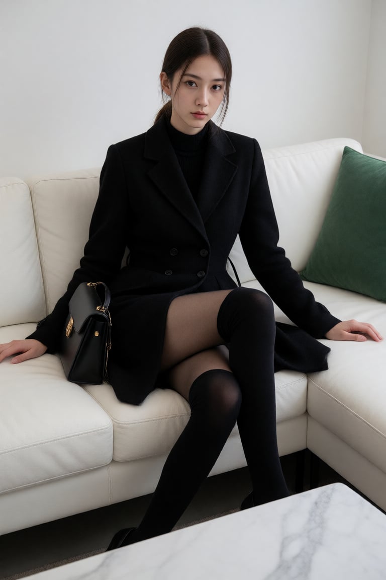 In this photograph,  an Asian woman with fair skin and straight,  dark brown hair tied back sits on a modern by 天TIN on Te...