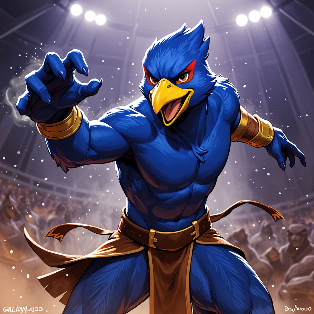 (by Greasymojo, by Deormynd), solo anthro (falco lombardi:1.2), half-length portrait, blue body, beak, finger claws, loincloth, open mouth, fighting pose, looking at viewer, arena, spot light, crowed, foggy, speed lines, steam, plant, rock, sparkles, foreground, depth of field, ambient silhouette